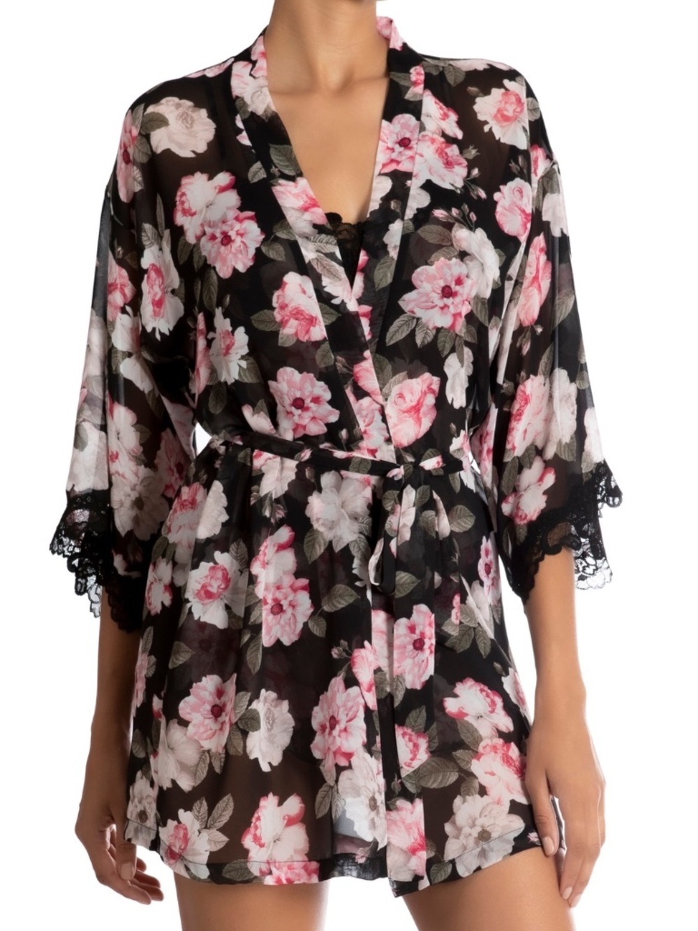 COPY - NWT In Bloom by Jonquil Black Floral Short Chiffon Lace Robe Medium $58